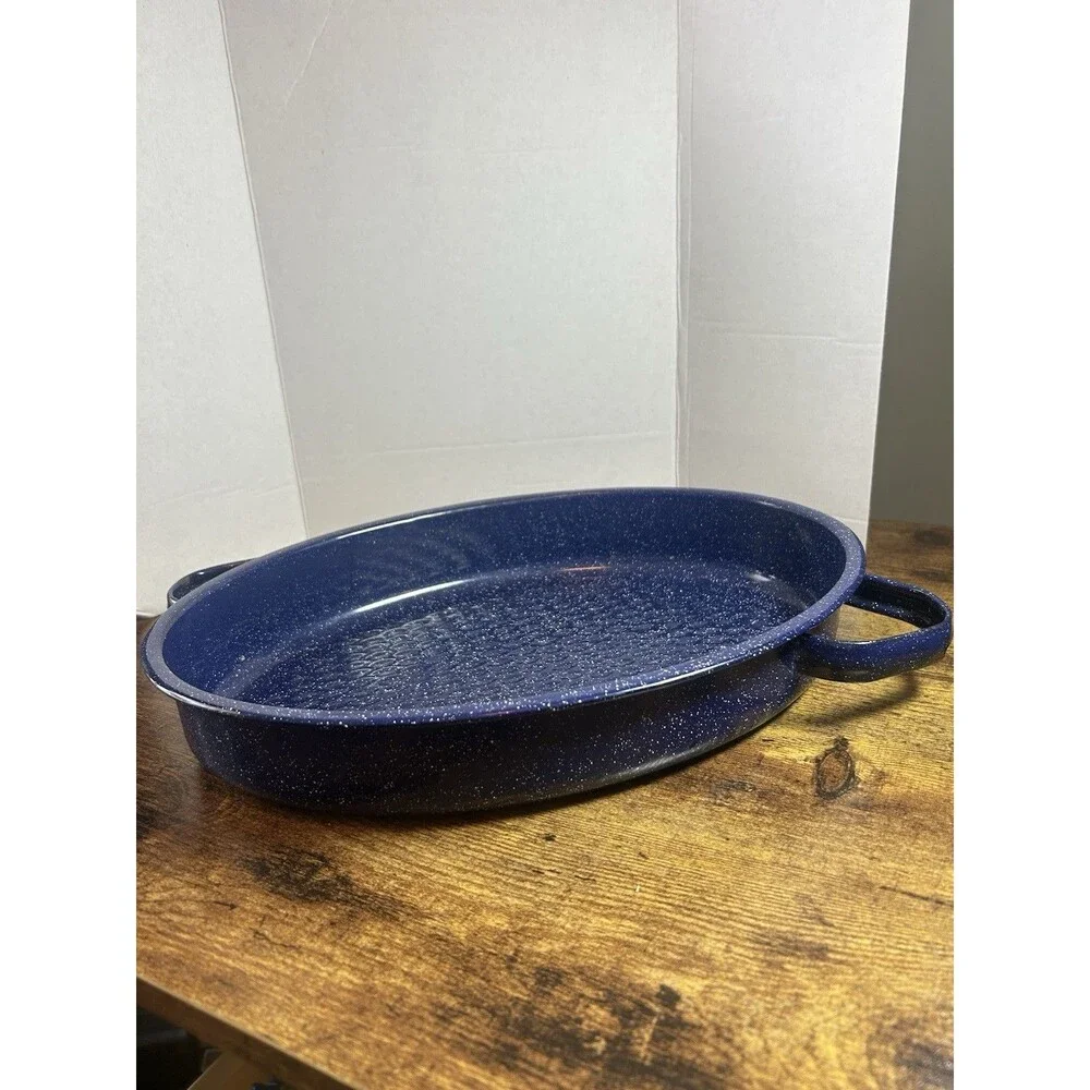 Vintage Blue Speckled Enamel Roasting Pan 14x9.5 Oval w/ Handles Bakeware